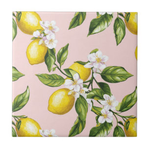 Vintage Lemon & Blossom Pattern on Pink (2) Ceramic Tile