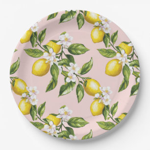 Vintage Lemon & Blossom Pattern on Pink (2) Paper Plate