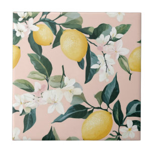 Vintage Lemon & Blossom Pattern on Pink Ceramic Tile