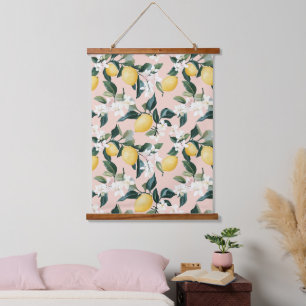 Vintage Lemon & Blossom Pattern on Pink Hanging Tapestry