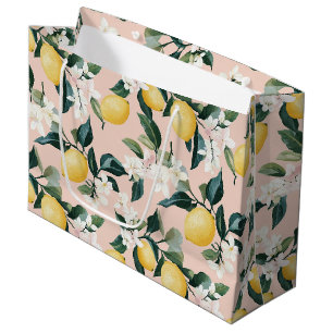 Vintage Lemon & Blossom Pattern on Pink Large Gift Bag