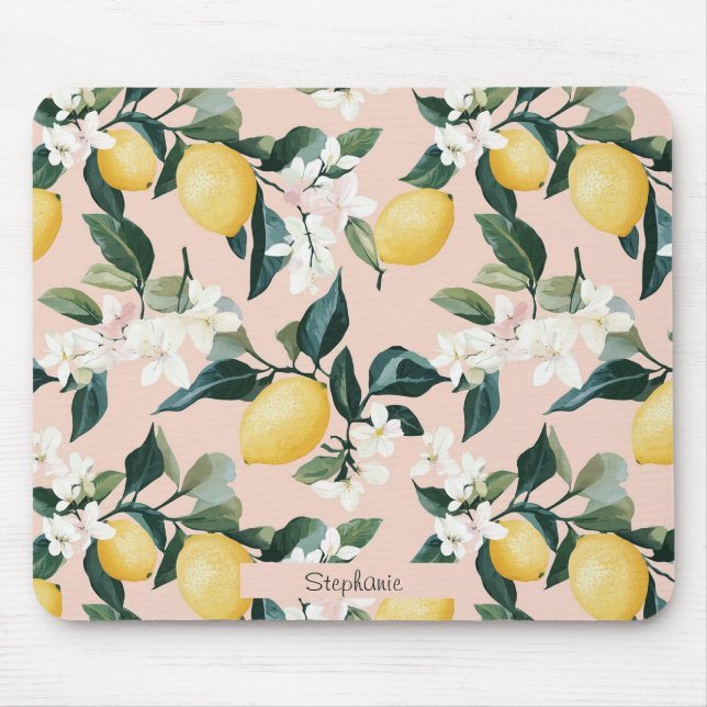 Vintage Lemon & Blossom Pattern on Pink Mouse Pad (Front)