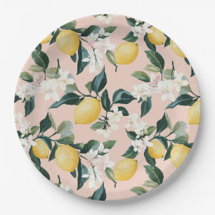 Vintage Lemon & Blossom Pattern on Pink Paper Plate