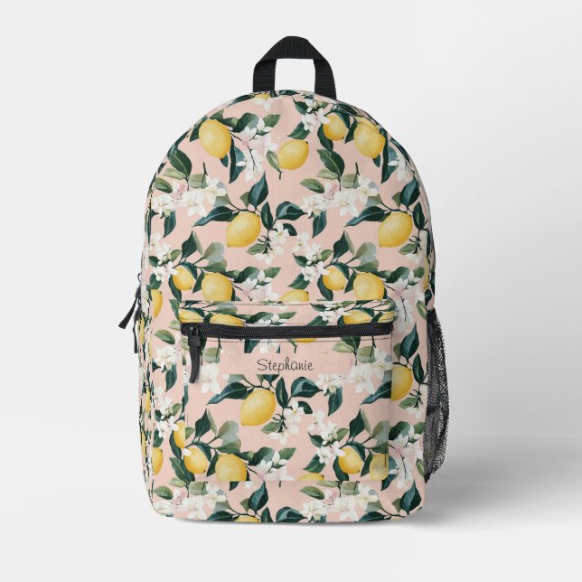 Vintage Lemon & Blossom Pattern on Pink Printed Backpack (Front)