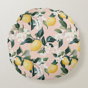 Vintage Lemon & Blossom Pattern on Pink Round Cushion