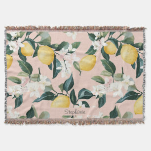 Vintage Lemon & Blossom Pattern on Pink Throw Blanket