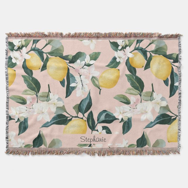 Vintage Lemon & Blossom Pattern on Pink Throw Blanket (Front)