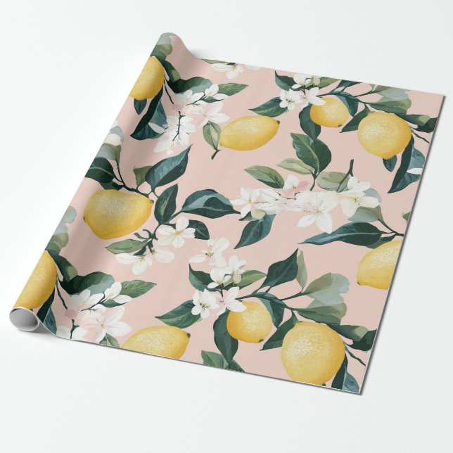Vintage Lemon & Blossom Pattern on Pink Wrapping Paper (Unrolled)