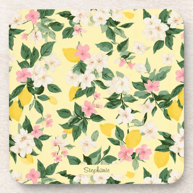 Vintage Lemon & Blossom Pattern on Yellow Coaster (Front)