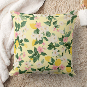 Vintage Lemon & Blossom Pattern on Yellow Cushion