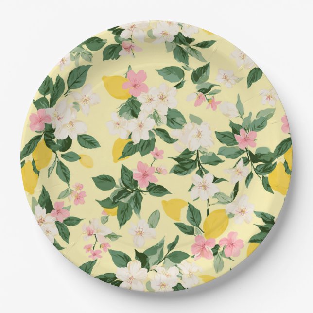 Vintage Lemon & Blossom Pattern on Yellow Paper Plate (Front)