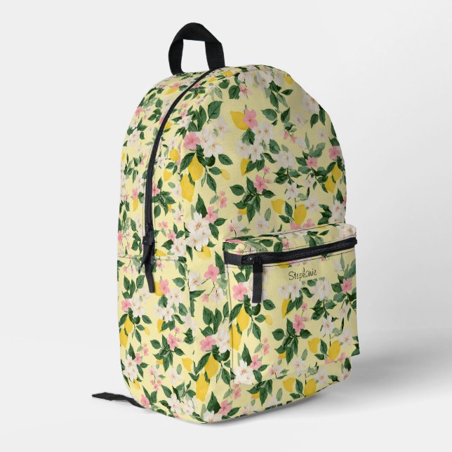 Vintage Lemon & Blossom Pattern on Yellow Printed Backpack (Back Corner Left)