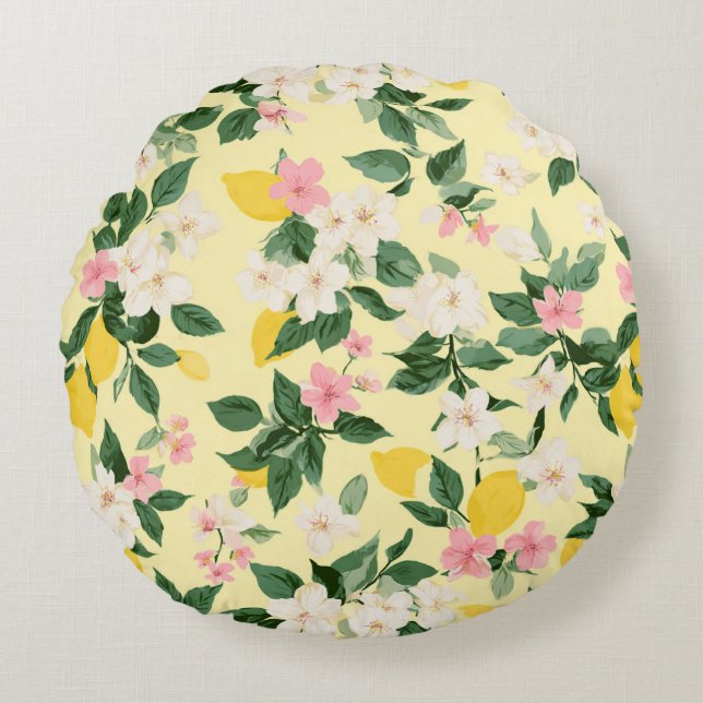 Vintage Lemon & Blossom Pattern on Yellow Round Cushion (Front)