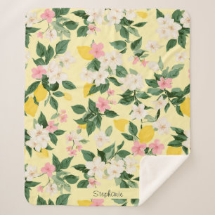 Vintage Lemon & Blossom Pattern on Yellow Sherpa Blanket