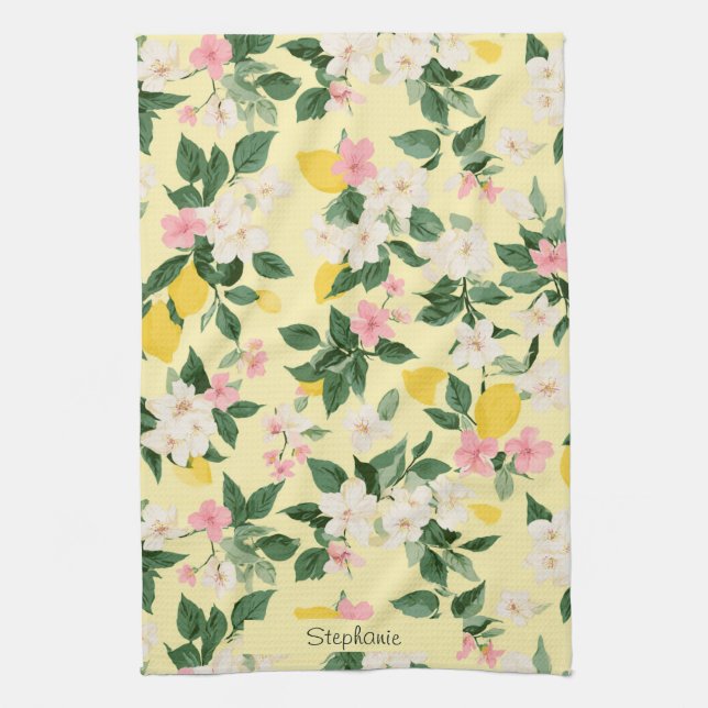 Vintage Lemon & Blossom Pattern on Yellow Tea Towel (Vertical)