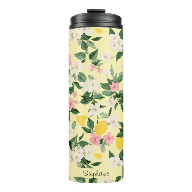 Vintage Lemon & Blossom Pattern on Yellow Thermal Tumbler (Front)