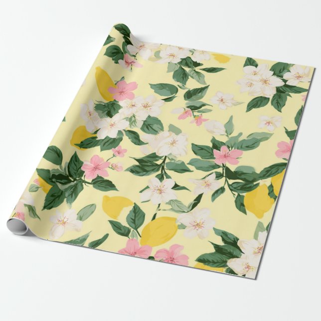 Vintage Lemon & Blossom Pattern on Yellow Wrapping Paper (Unrolled)
