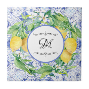 Vintage Lemon Floral Wreath Blue White w Monogram Ceramic Tile