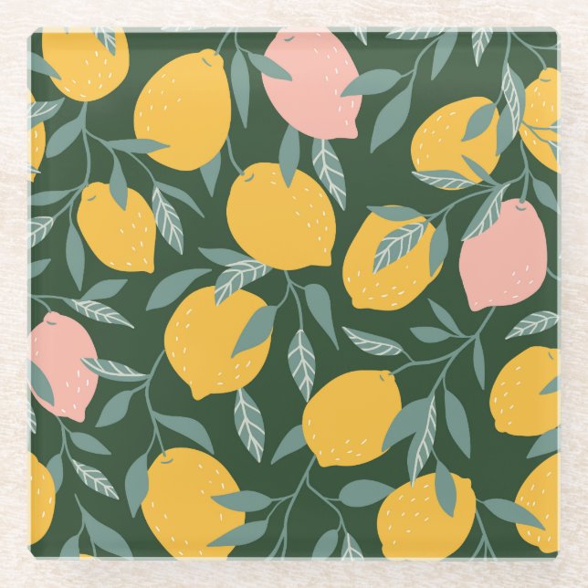 Vintage Lemon Fruit Seamless Pattern Glass Coaster (Front)