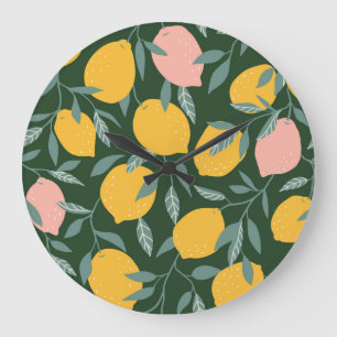 Vintage Lemon Fruit Seamless Pattern Large Clock