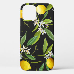 Vintage lemon fruits and flowers on dark backgroun iPhone 12 case