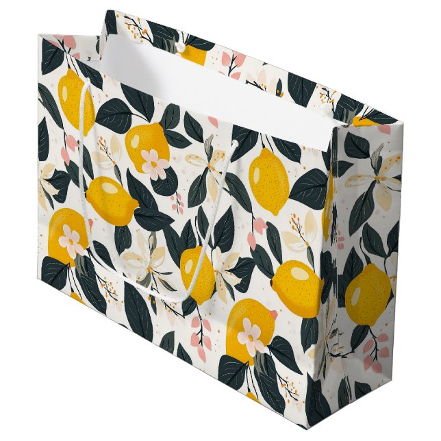 Vintage Lemon & Pink Blossom Pattern Large Gift Bag (Front Angled)