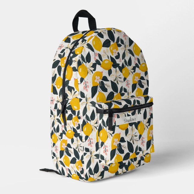 Vintage Lemon & Pink Blossom Pattern Printed Backpack (Back Corner Left)