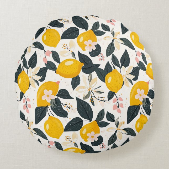 Vintage Lemon & Pink Blossom Pattern Round Cushion (Front)