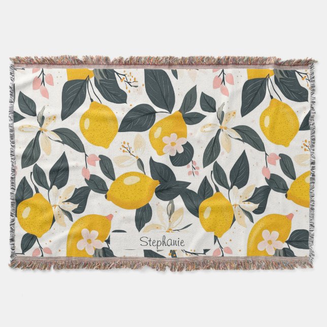 Vintage Lemon & Pink Blossom Pattern Throw Blanket (Front)