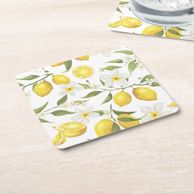 Vintage Lemon Tree Pattern Square Paper Coaster (Angled)