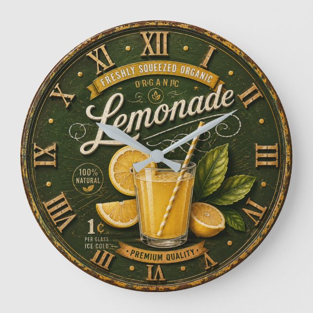 Vintage Lemonade Rustic Fresh Lemon Farmhouse  Large Clock (Front)