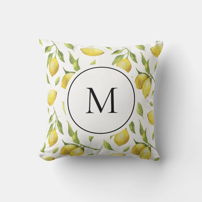 Vintage Lemons and Greenery Pattern Monogram Cushion (Front)