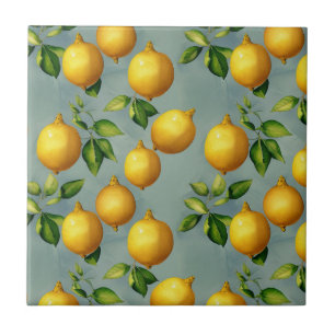 Vintage Lemons and Leaves Art Pattern on Grey Ceramic Tile