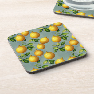 Vintage Lemons and Leaves Art Pattern on Grey Coaster