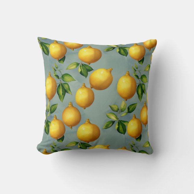 Vintage Lemons and Leaves Art Pattern on Grey Cushion (Front)