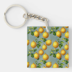 Vintage Lemons and Leaves Art Pattern on Grey Key Ring