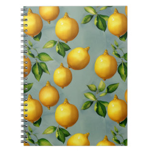 Vintage Lemons and Leaves Art Pattern on Grey Notebook