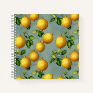 Vintage Lemons and Leaves Art Pattern on Grey Notebook