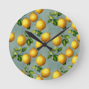 Vintage Lemons and Leaves Art Pattern on Grey Round Clock