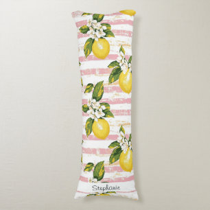 Vintage Lemons & Blooms on Pink and White Stripes Body Cushion