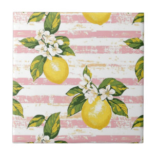 Vintage Lemons & Blooms on Pink and White Stripes Ceramic Tile