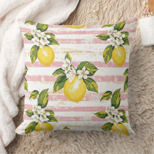 Vintage Lemons & Blooms on Pink and White Stripes Cushion