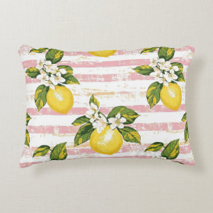 Vintage Lemons & Blooms on Pink and White Stripes Decorative Cushion