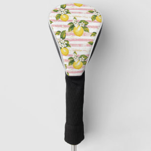 Vintage Lemons & Blooms on Pink and White Stripes Golf Head Cover