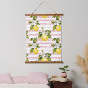 Vintage Lemons & Blooms on Pink and White Stripes Hanging Tapestry