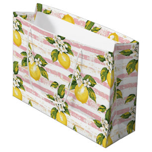 Vintage Lemons & Blooms on Pink and White Stripes Large Gift Bag