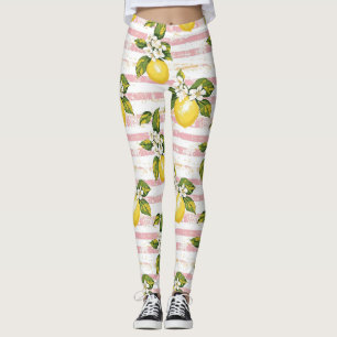 Vintage Lemons & Blooms on Pink and White Stripes Leggings