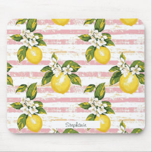 Vintage Lemons & Blooms on Pink and White Stripes Mouse Pad