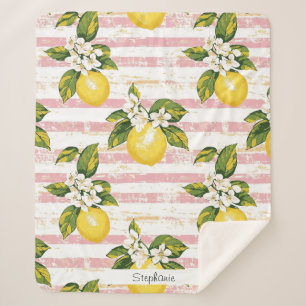 Vintage Lemons & Blooms on Pink and White Stripes Sherpa Blanket