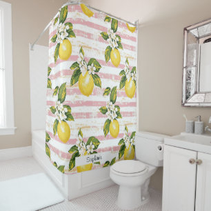 Vintage Lemons & Blooms on Pink and White Stripes Shower Curtain